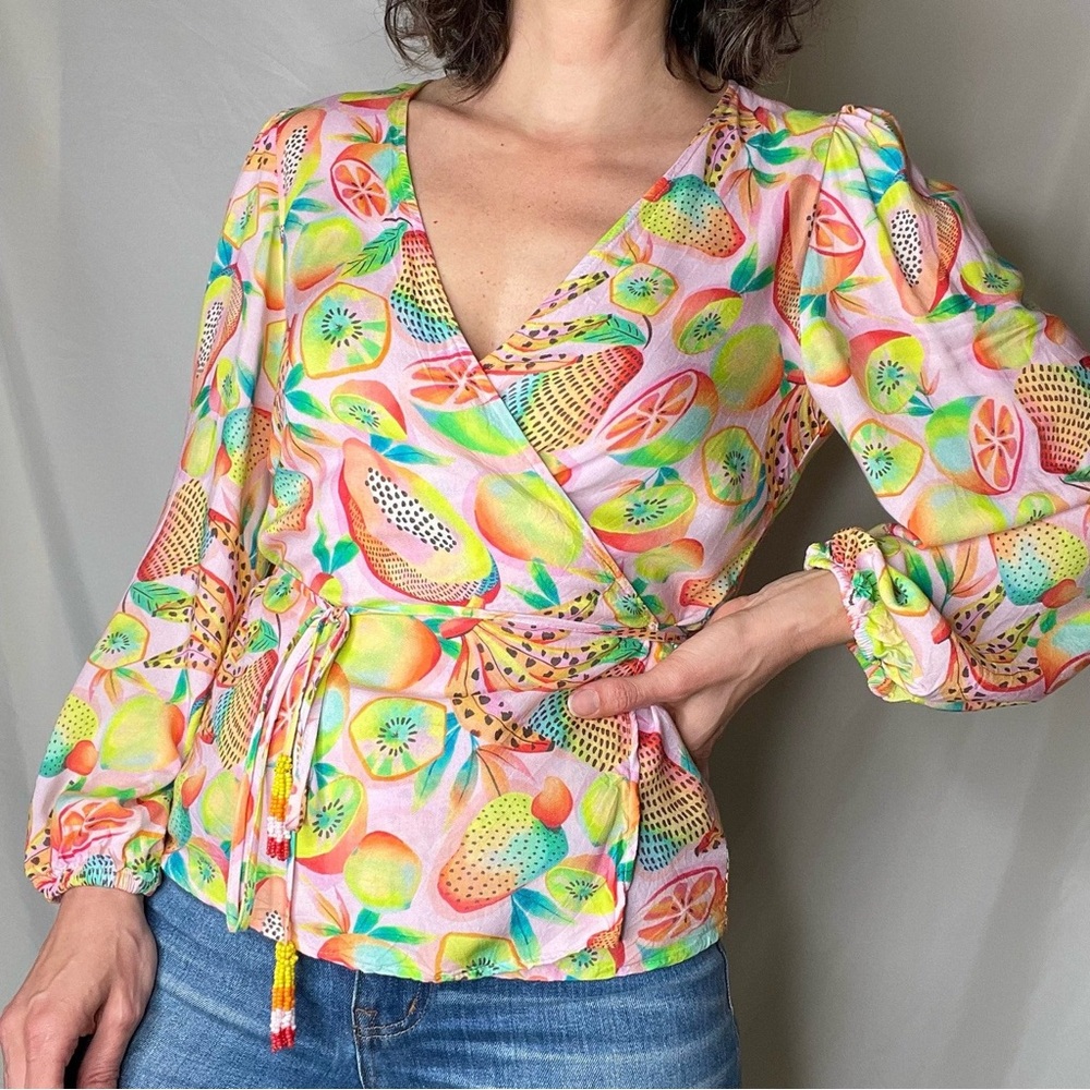 Farm Rio X Anthropologie Rainforest Wrap Blouse in Novelty print exotic fruits